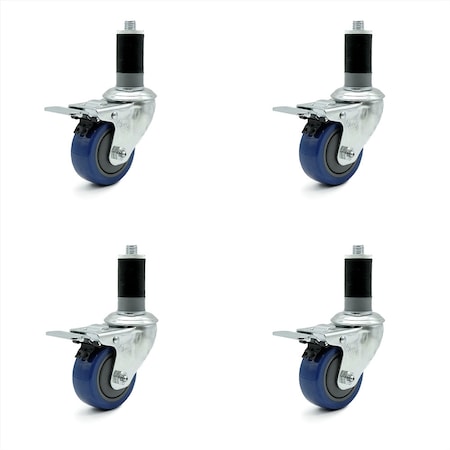 3 Inch Blue Polyurethane 1-3/8 Inch Expanding Stem Caster Set Total Lock Brake